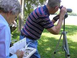 watching warlber with a spotting scope for birding